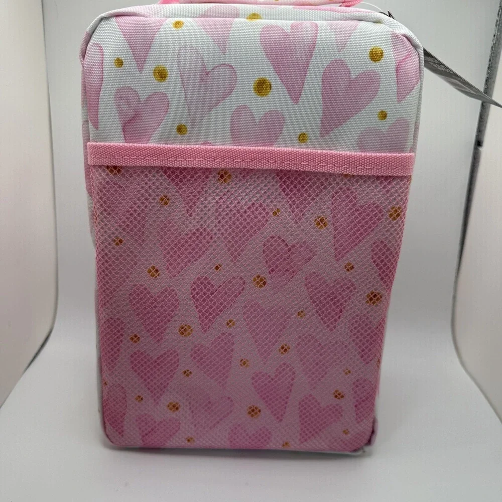 TAL Kids Insulated Lunch Bag Pink Hearts Gold Polka Dot Sequin Shaker Pocket NEW